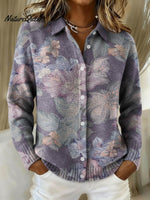 Elegant Purple Floral Decorative Patterns Casual Shirt Collar Long Sleeve Sweater