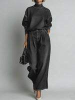 Women's Stand-collar Long-sleeved Casual Loose Denim Top And High-waisted Casual Loose Wide-leg Denim Pants Set.