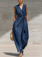 Casual Loose-fit Belted Denim Jumpsuit