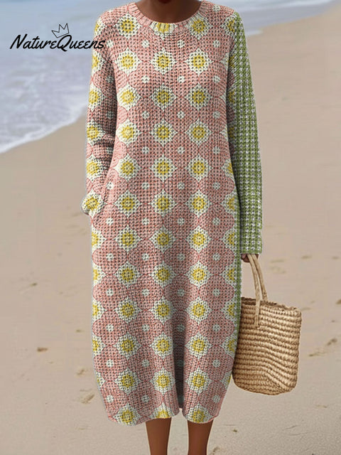 Women's Flowers Abstract Pattern Casual Round Collar Long Sleeve Dress