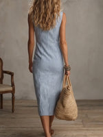 Casual, Simple, Sleeveless Striped Linen-cotton Dress With A Half-zip.