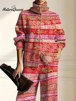 Women's Floral Pattern Art Print Casual Cotton Knitted Suits