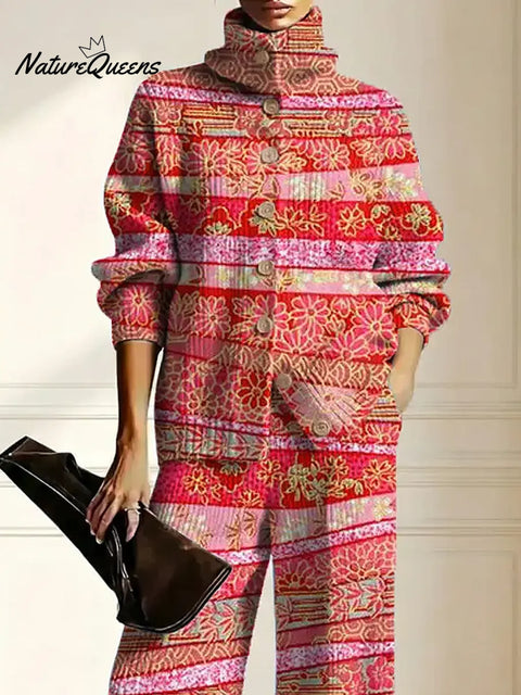 Women's Floral Pattern Art Print Casual Cotton Knitted Suits