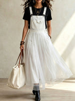 Women’s Bohemian White Tulle Overall Adjustable Straps & Pockets Midi Dress