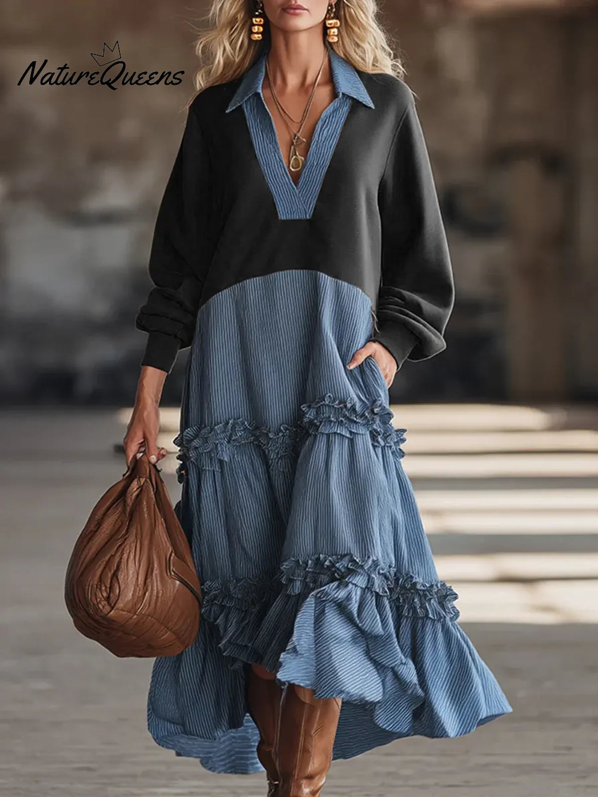 Women's Striped Print Color-blocked V-neck Long-sleeved Casual Loose Dress