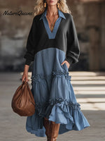 Women's Striped Print Color-blocked V-neck Long-sleeved Casual Loose Dress