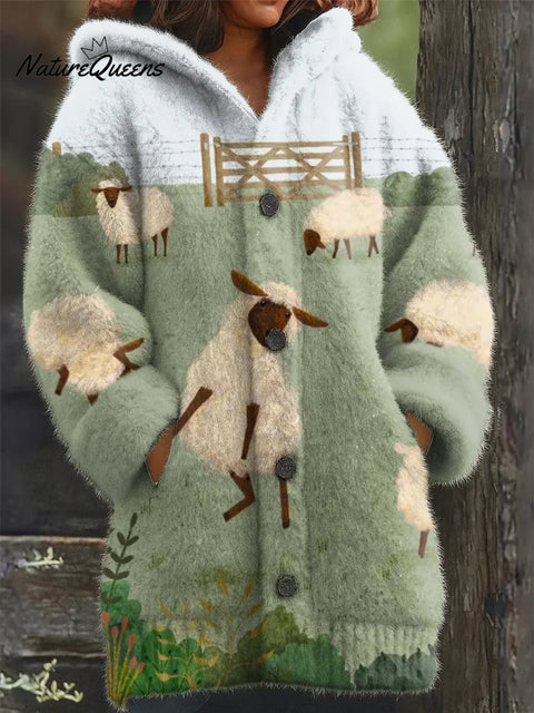 Women's Funny Sheep Pattern Art Print Casual Fleece Coat