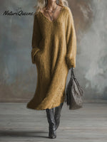 Women's Solid Color V-Neck Casual Loose Knit Dress