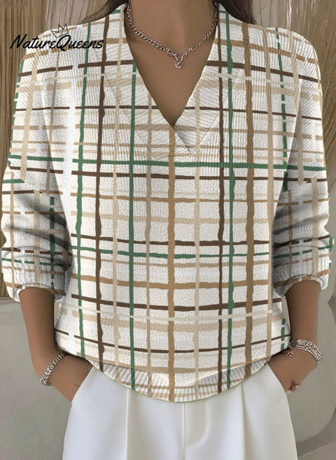 Geometric Line Checkered Decorative Pattern Women's Casual V Collar Long Sleeve Sweater