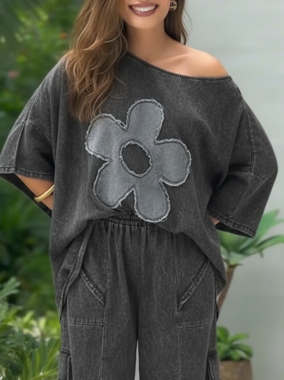 Casual Floral Off-the-shoulder Denim Cotton Top