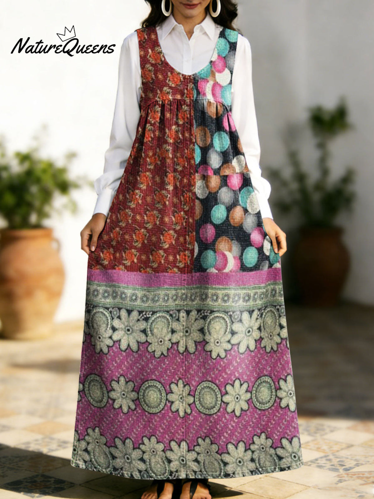 Women's Retro Splicing Colorful Flowers Pattern Art Print Casual Cotton Denim Dress