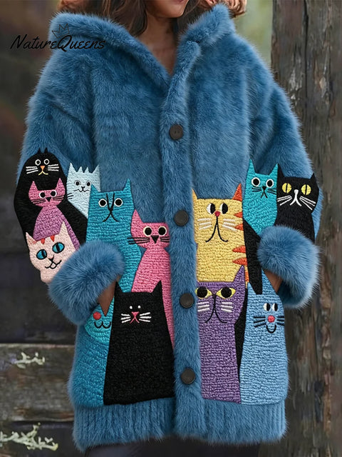 Women's Funny Cats Pattern Art Print Casual Fleece Coat
