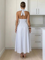 Women's Halter Dress With Blue Stripes And Bow Decoration