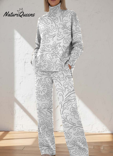 Simple Line Drawing Of Flowers And Plants Decorative Patterns Casual Stand Collar Long Sleeve Top And Pants