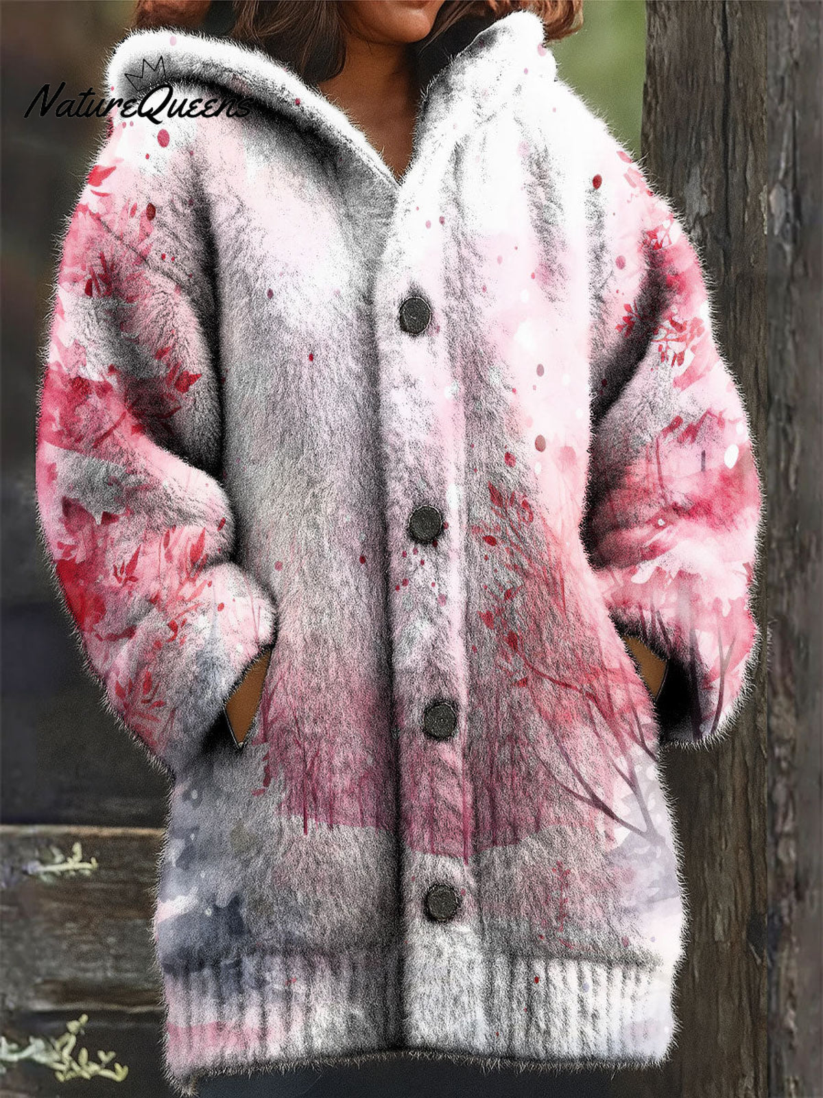 Women's Retro Christmas Tree Pink Snowflake Pattern Art Print Casual Plush Warm Coat