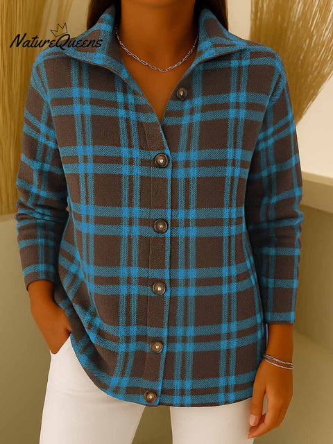 Women's Plaid Print Stand Collar Casual Loose Knit Cardigan