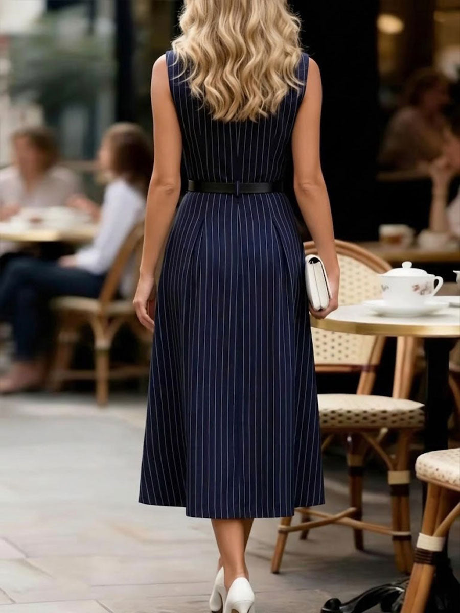 Women's Vintage Navy Striped Sleeveless Dress With Notched Collar And Fitted Waist