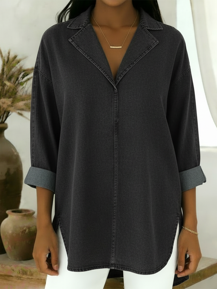 Casual And Cozy Collared Denim Cotton Top