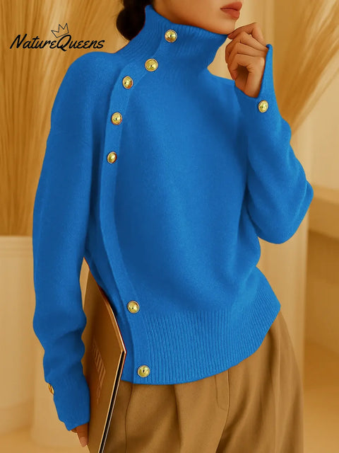 Women's Solid Color Turtleneck Long Sleeve Casual Button Loose Knit Top