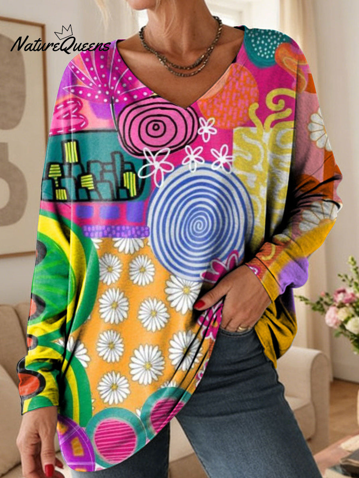 Women's Lovely Floral Flowers Pattern Art Print V-neck Casual Cotton T-shirt