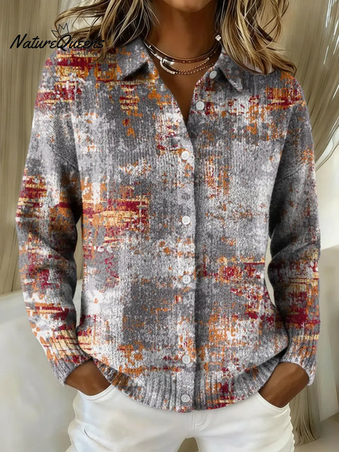 Women's Distressed And Weathered Printed Collared Sweater