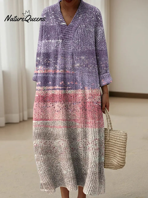 Gradient Splicing Art Print Knitted V-neck Dress