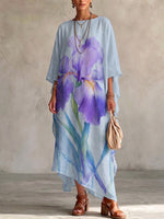 Artistic Iris-print Cotton-linen Blend Dress