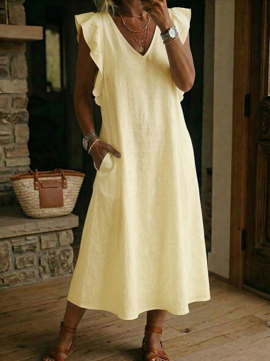 Women's Cotton-linen Back Straps And Flutter Sleeves Dress