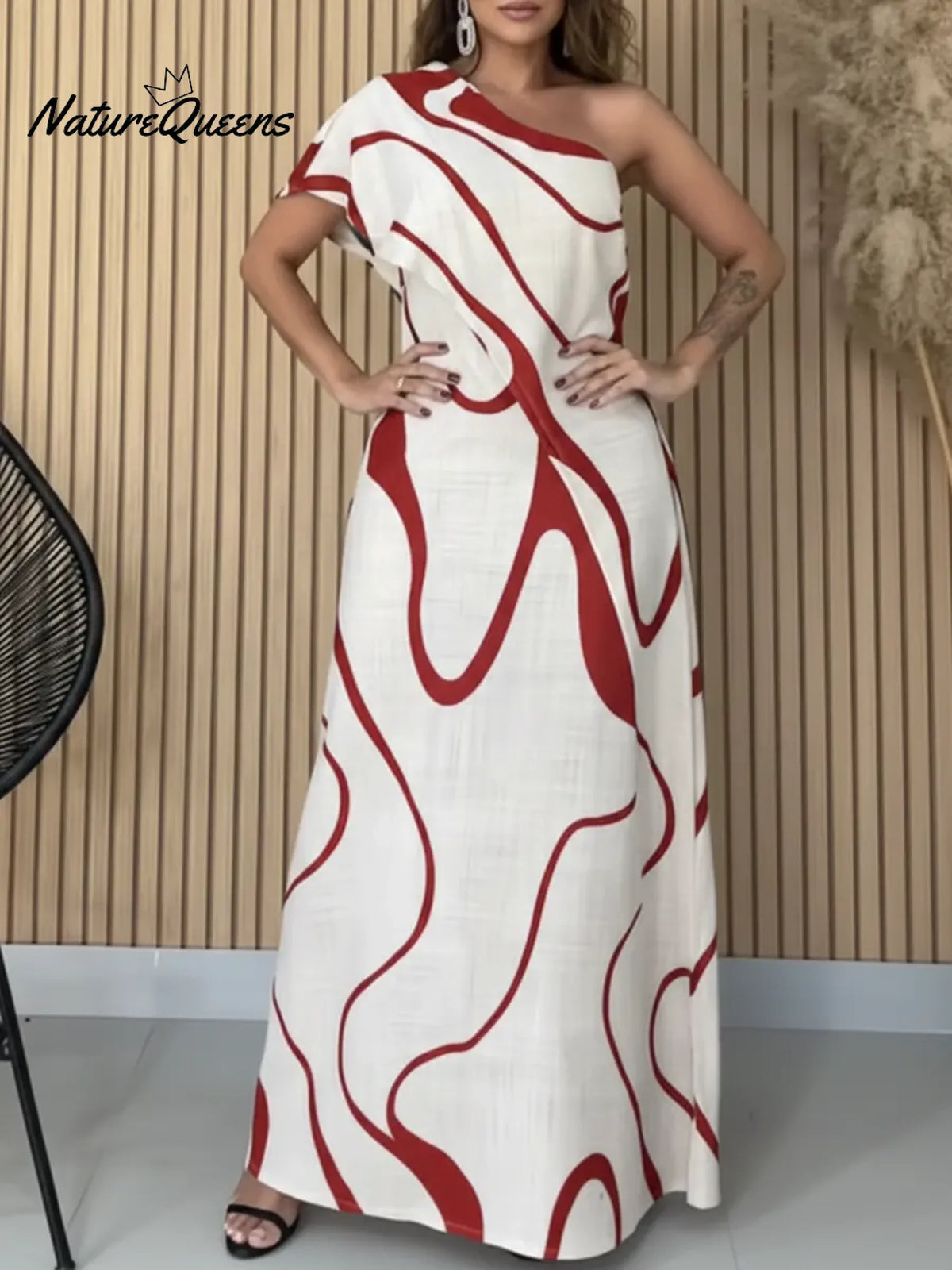 Women's Artistic Print Casual Resort Style One-shoulder Extra-long Cotton And Linen Dress