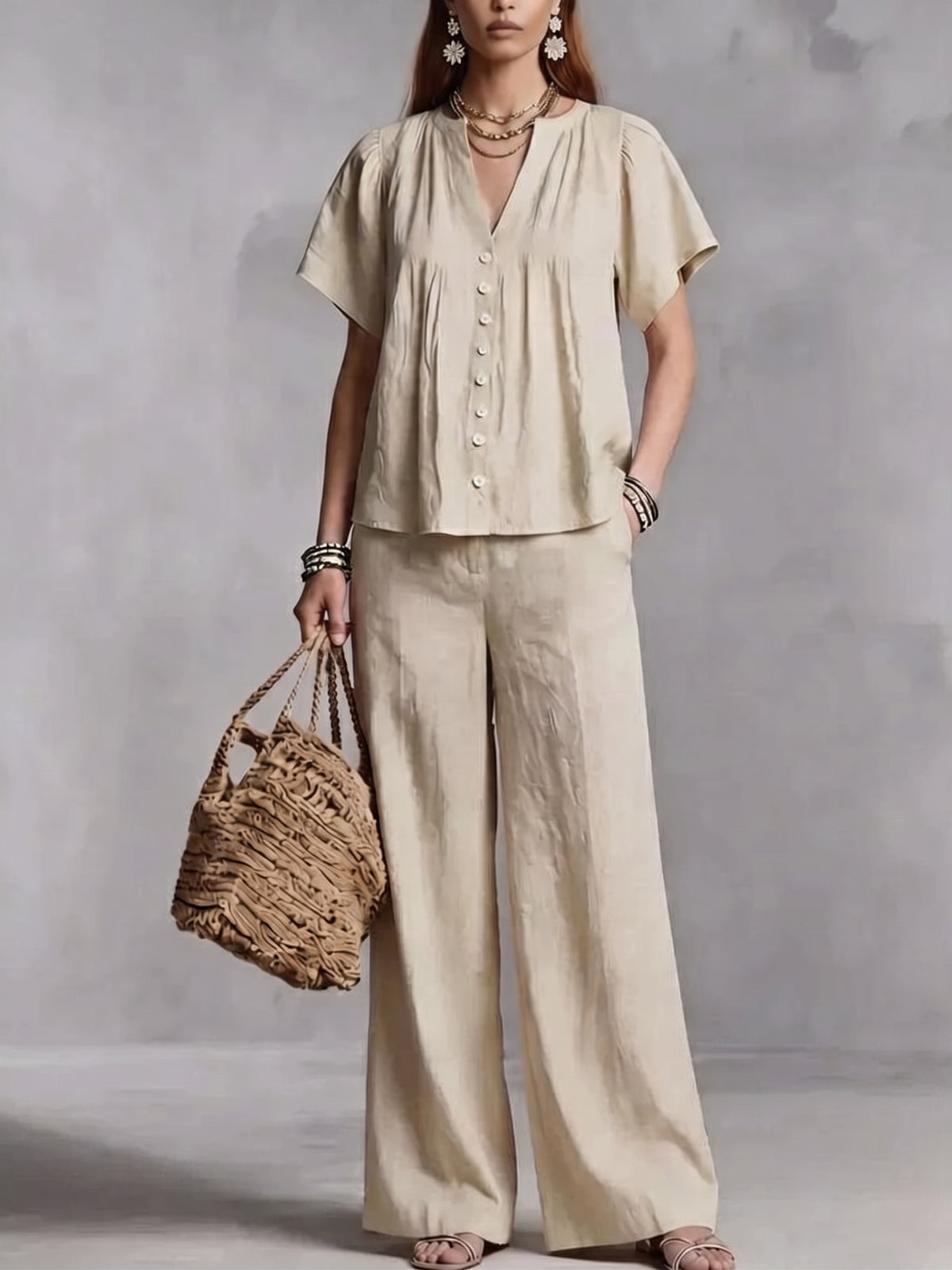 Women's Cotton-Linen V-Neck Casual Set for Beach Vacations