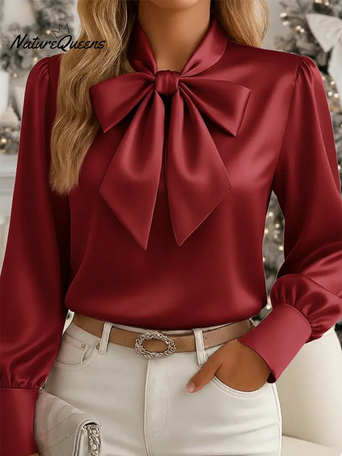 Women's Elegant Satin Shirt With Bow Tie