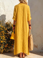Women's Solid Color V-neck 3/4 Sleeve Casual Loose Cotton-linen Dress