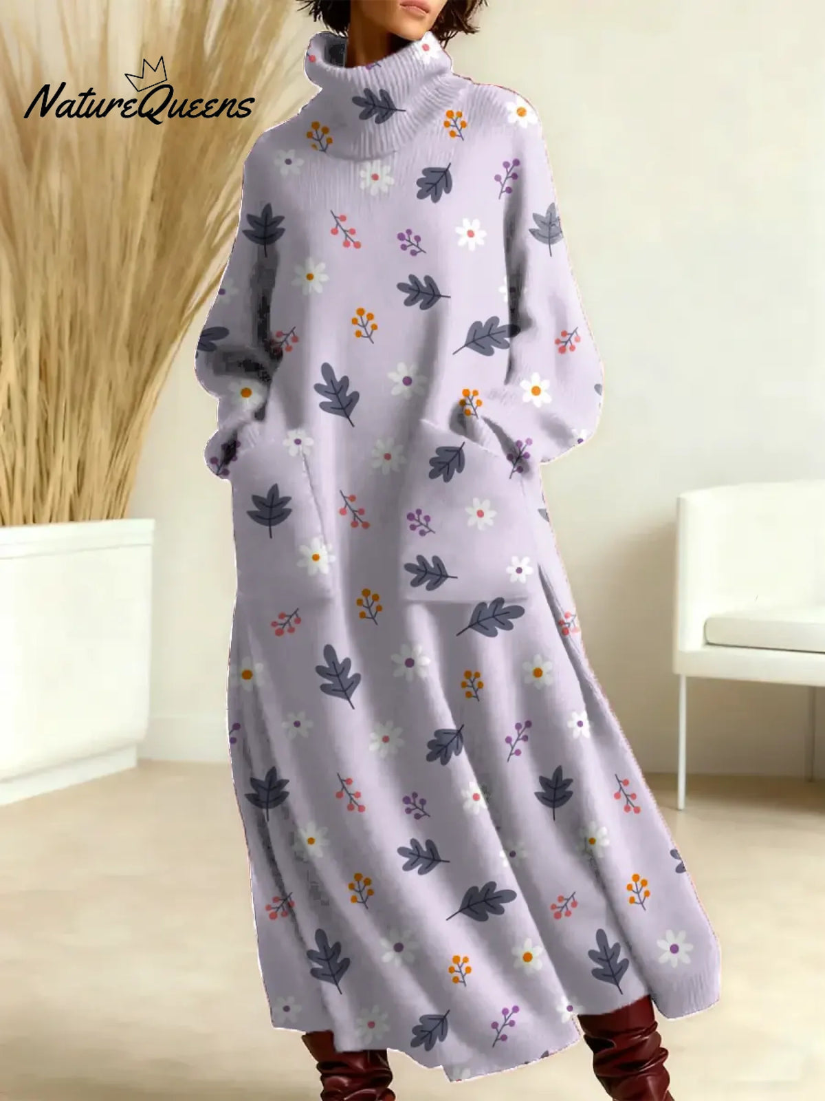 Women's Floral Pattern Art Print Casual Cotton Knitted Dress