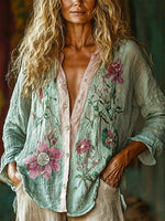 Women's Retro Floral Art Print Casual Cotton Linen Shirt