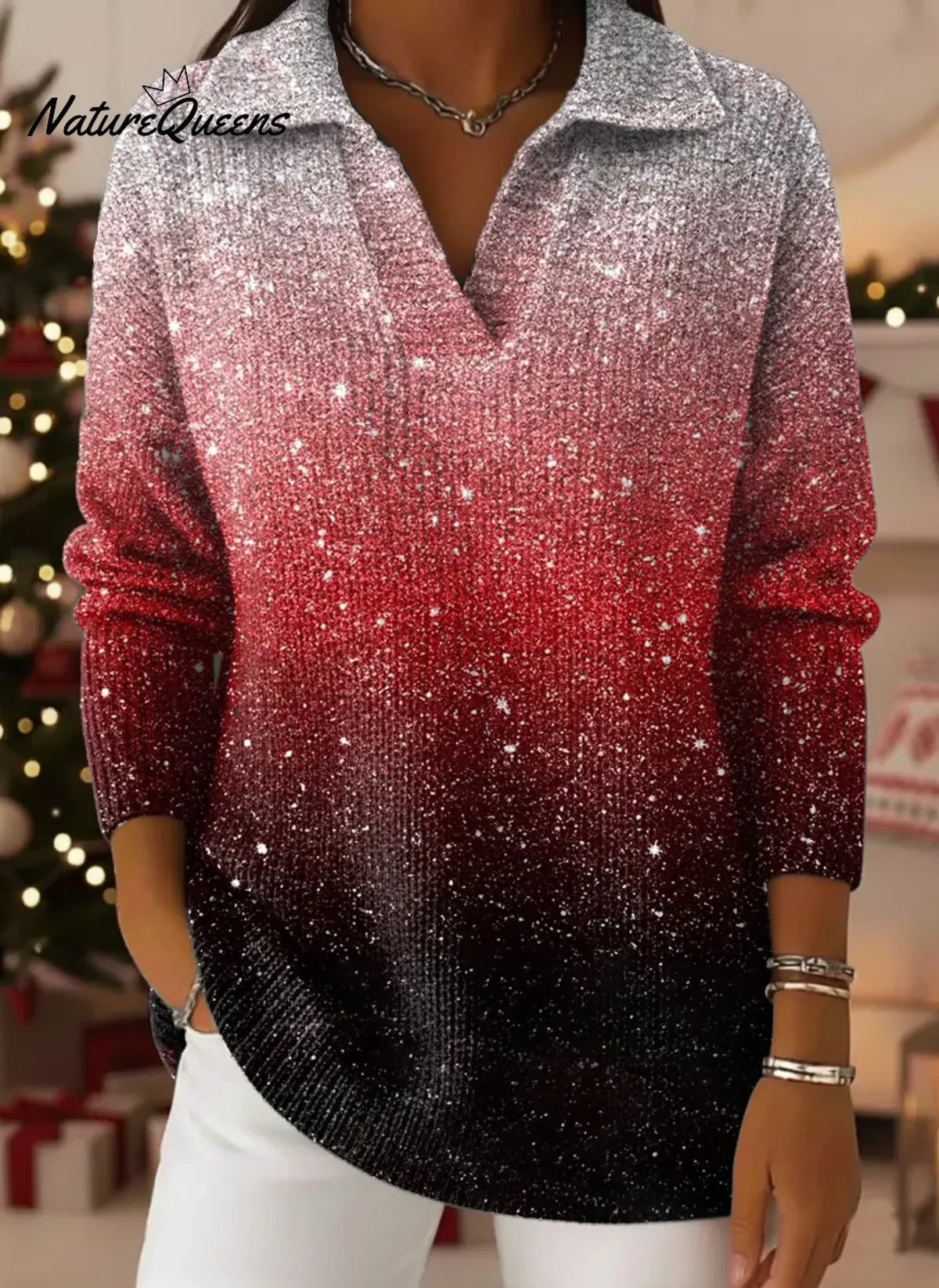 Women's VintageGlitter ChristmasArt Print Casual Sweater