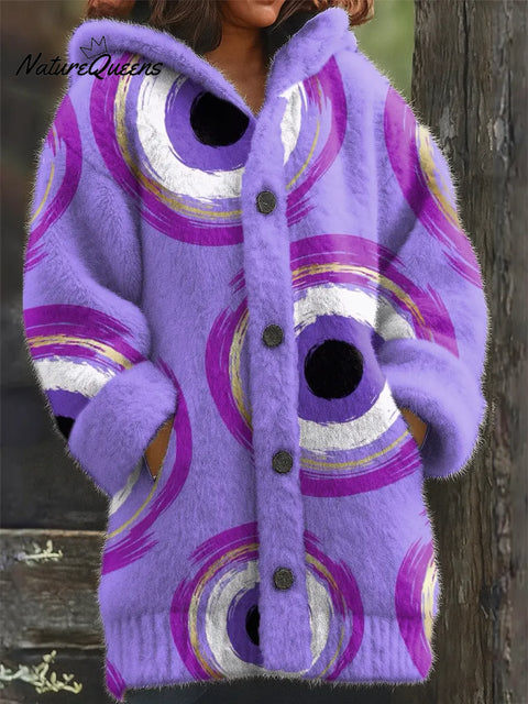 Women's Geometric Pattern Art Print Casual Fleece Coat