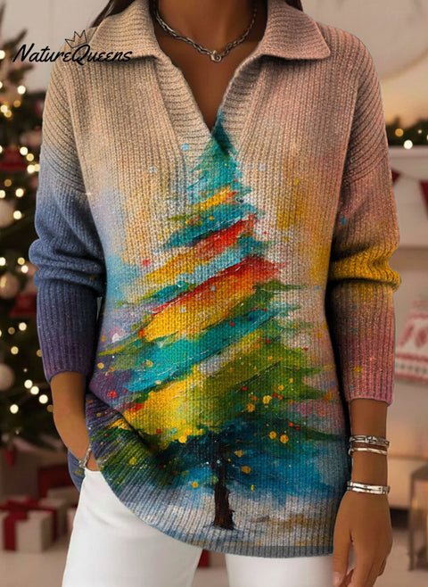 Color Christmas Tree Art Pattern Art Polo Collar Shiny Loose Sweater Top
