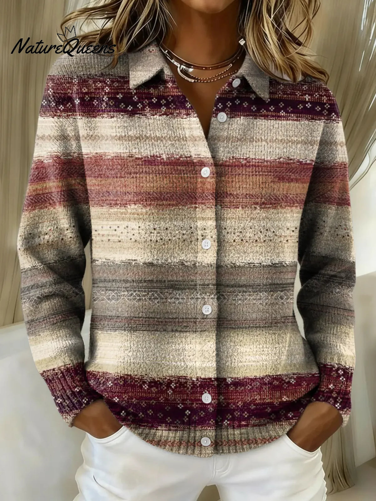 Women's Retro Striped Art Collared Sweater