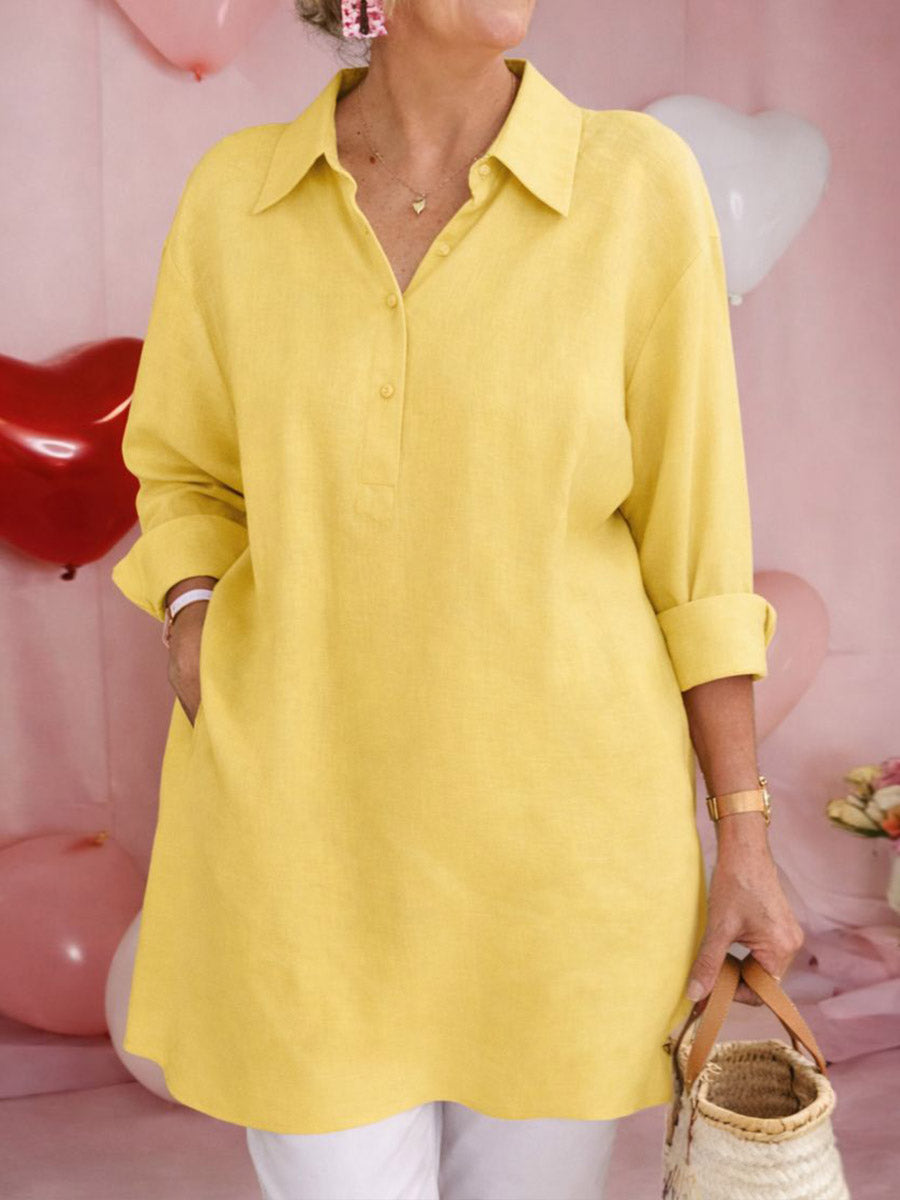 Women's Solid Color Shirt Collar Long-sleeved Casual Loose Cotton And Linen Top