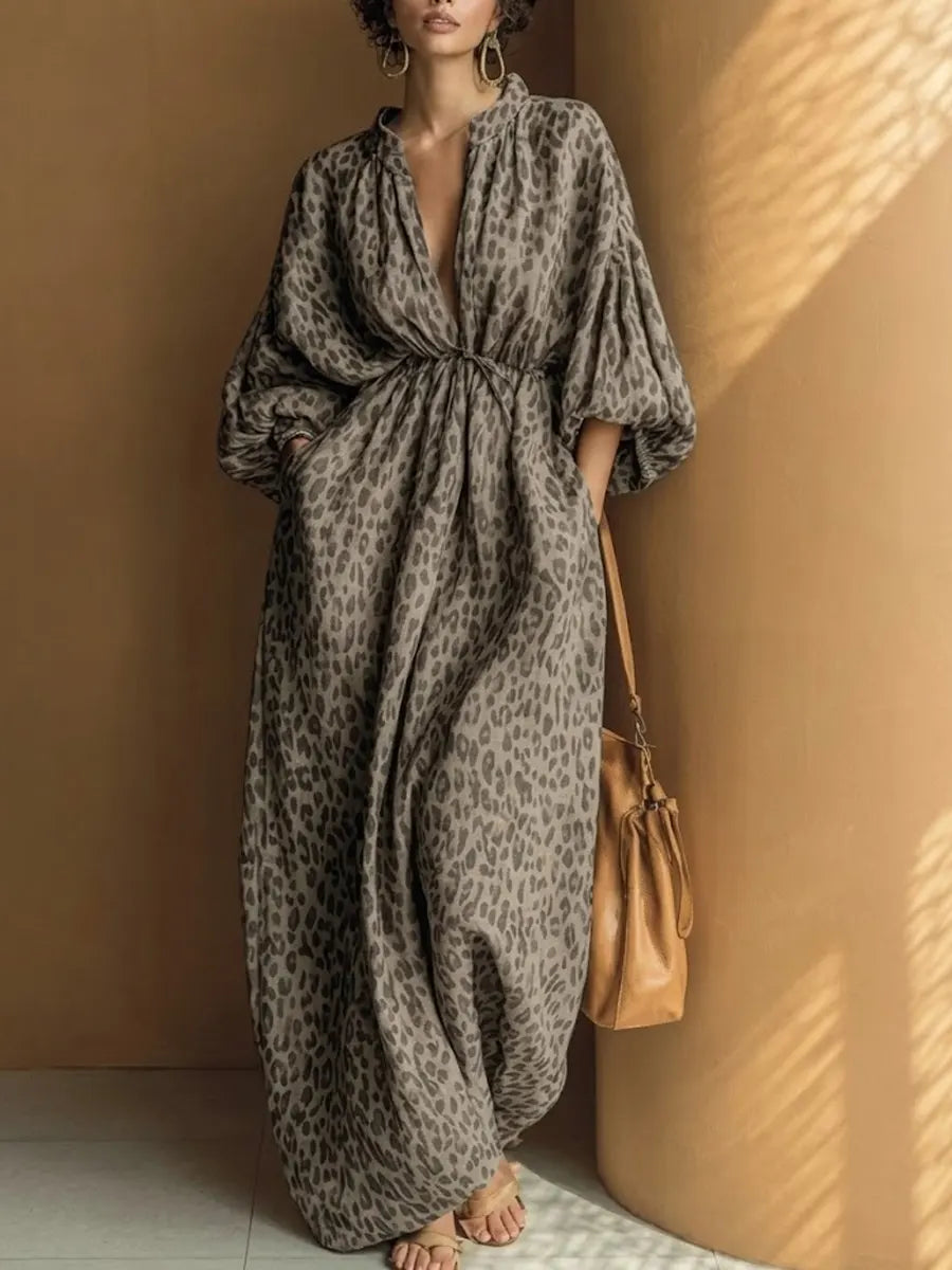 Women's Loose Leopard Print Cotton-linen Dress