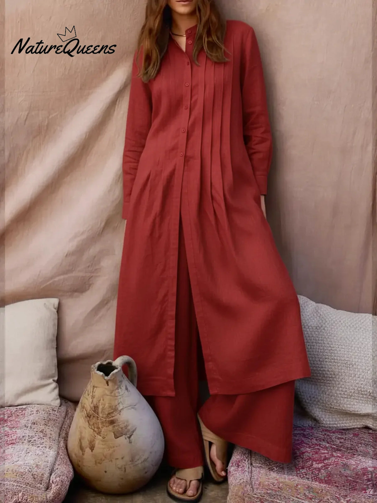 Women's Comfortable Linen And Cotton Extra-long Shirt And Pants Two-piece Set