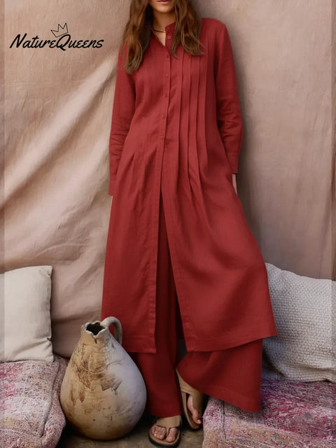 Women's Comfortable Linen And Cotton Extra-long Shirt And Pants Two-piece Set