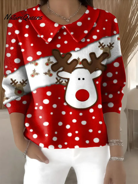 Women's Cute Christmas Deer Casual Peter Pan Collar 3/4 Sleeve Sweater