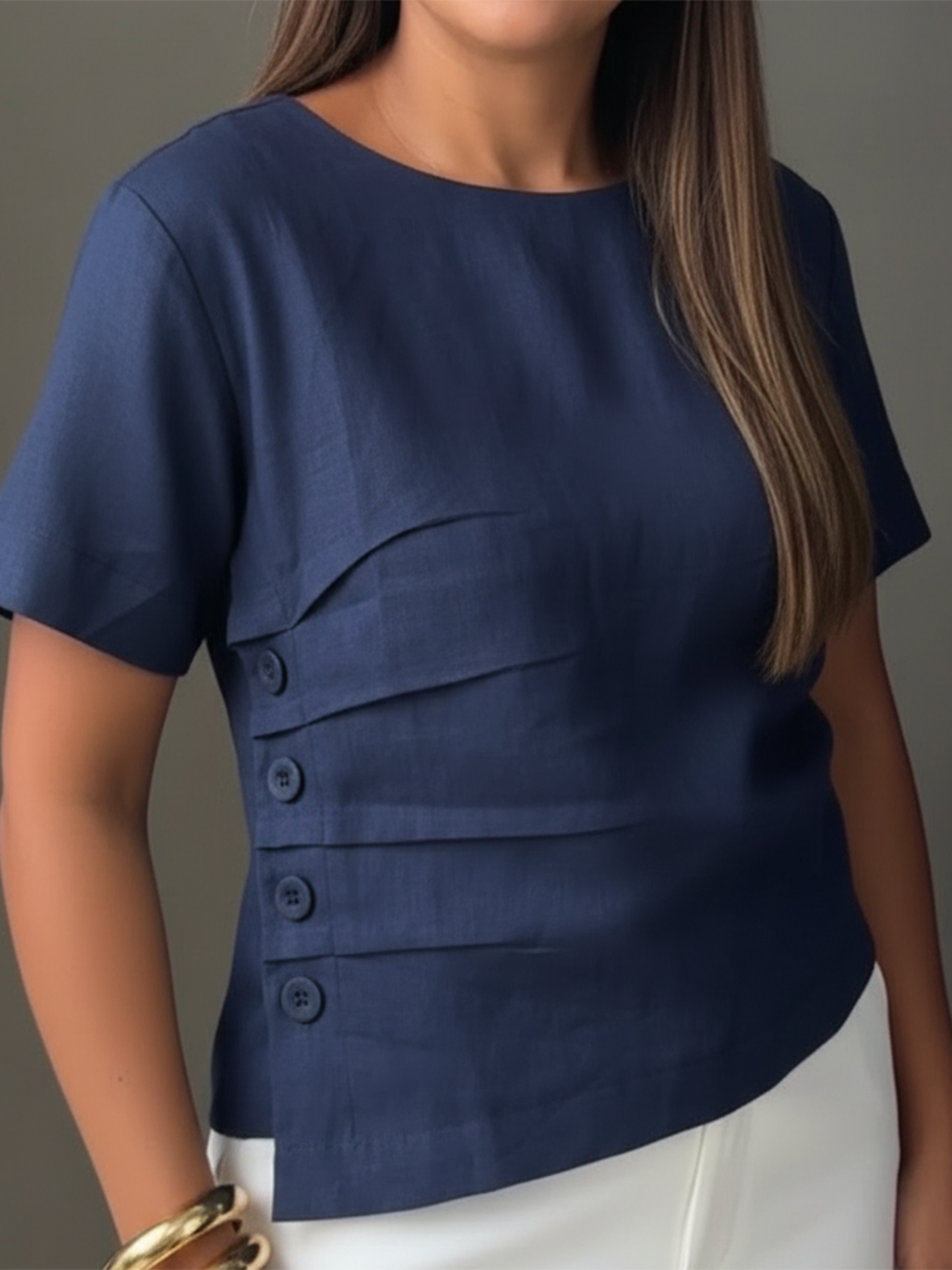 Casual Pleated Button Cotton And Linen Top
