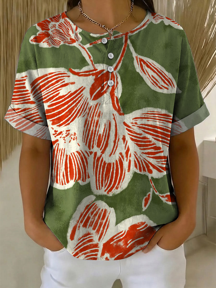 Women's Vintage Flower Pattern Printed Cotton Linen Top