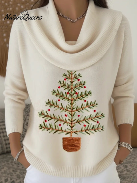 Women's Christmas Tree Art Print Cowl Neck Sweater