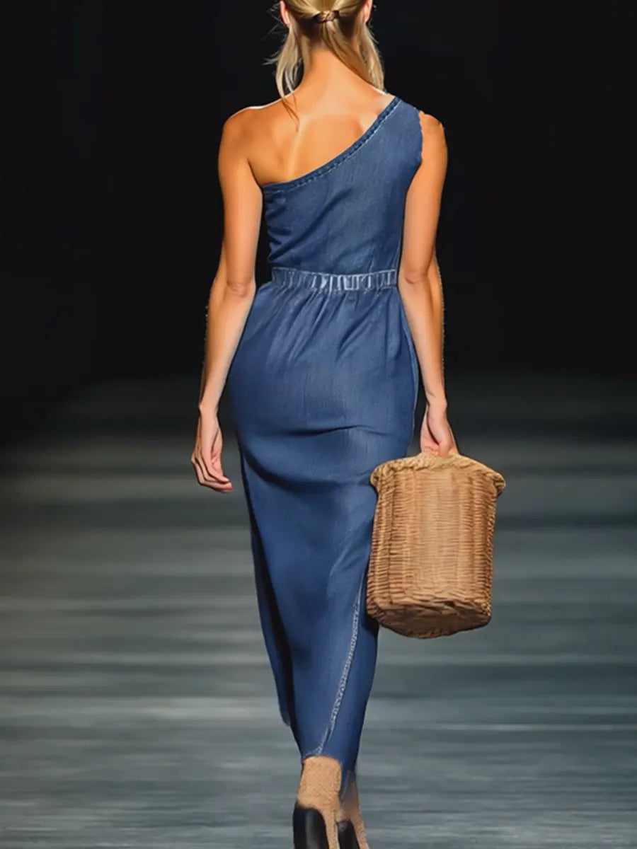 Women's Elegant Strapless Denim Floral Long Dress