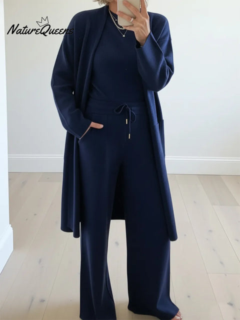 Cozy Casual Travel Knit Cardigan And Pants Three-piece Set