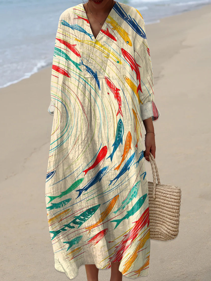 Women's Vintage Fish Art Print Casual Dress