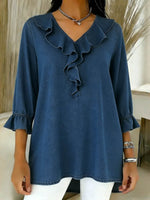 Women's Ruffled V-neck Three-quarter Sleeve Casual Loose Denim Top